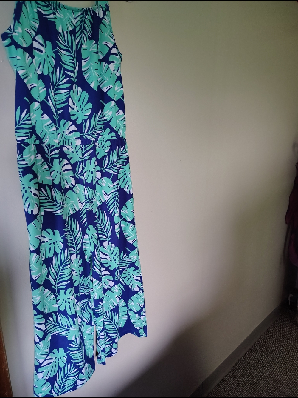 Tropical Leaf Print Maxi Dress Jumper in Navy and Mint